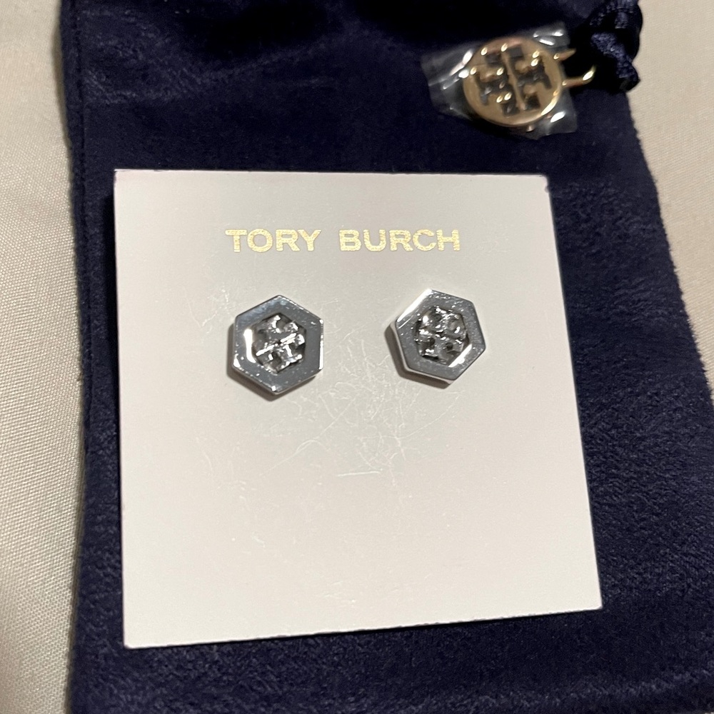 Tory Burch Silver Hexagon Logo Stud Earrings